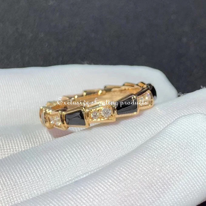 Bulgari Serpenti Viper AN858710 18 kt rose gold thin ring set with onyx elements and pavé diamonds ring 5