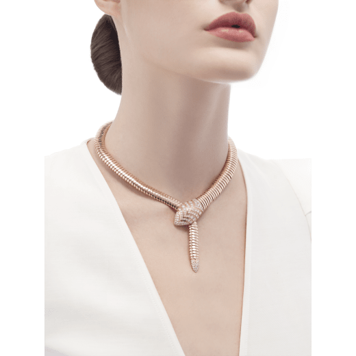 Bulgari Serpenti Tubogas 350680 necklace in 18 kt rose gold set with pavé diamonds on the head and the tail 4