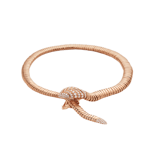 Bulgari Serpenti Tubogas 350680 necklace in 18 kt rose gold set with pavé diamonds on the head and the tail 2