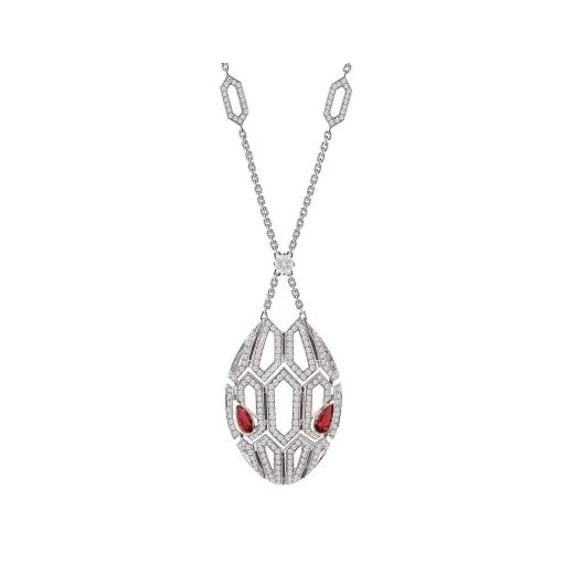 Bulgari Serpenti 352752-rubellite necklace in 18 kt white gold set with rubellite eyes and pavé diamonds both on the chain and the pendant 1