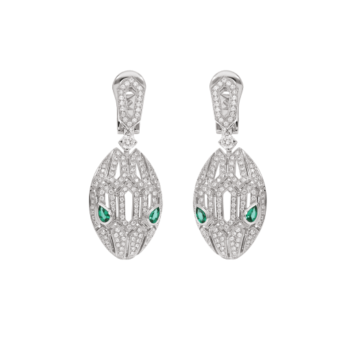 Bulgari Serpenti 352756 earrings in 18 kt white gold set with emerald eyes and full pavé diamonds 1