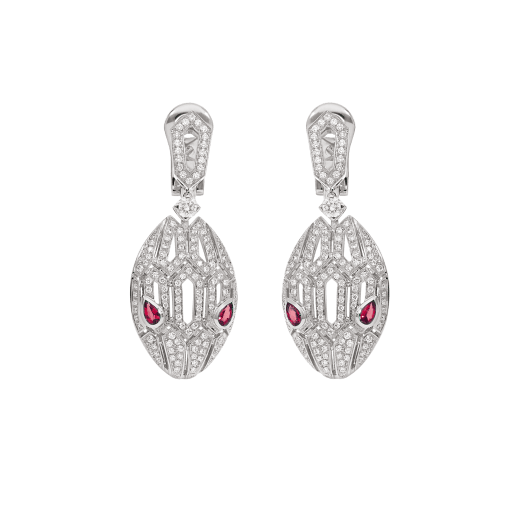 Bulgari 352756-Rubellites Serpenti 18 kt white gold earrings set with pavé diamonds and rubellite eyes 1