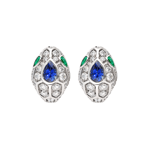 Bulgari Serpenti 355355 18 kt white gold earrings set with a blue sapphire on the head emerald eyes and pavé diamonds 1