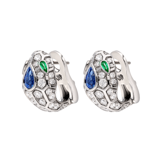 Bulgari Serpenti 355355 18 kt white gold earrings set with a blue sapphire on the head emerald eyes and pavé diamonds 3