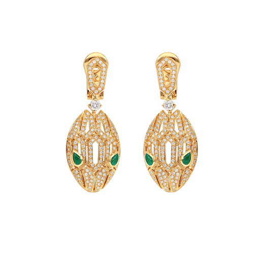Bulgari Serpenti 354576 18 kt yellow gold earrings set with pavé diamonds and malachite eyes 1