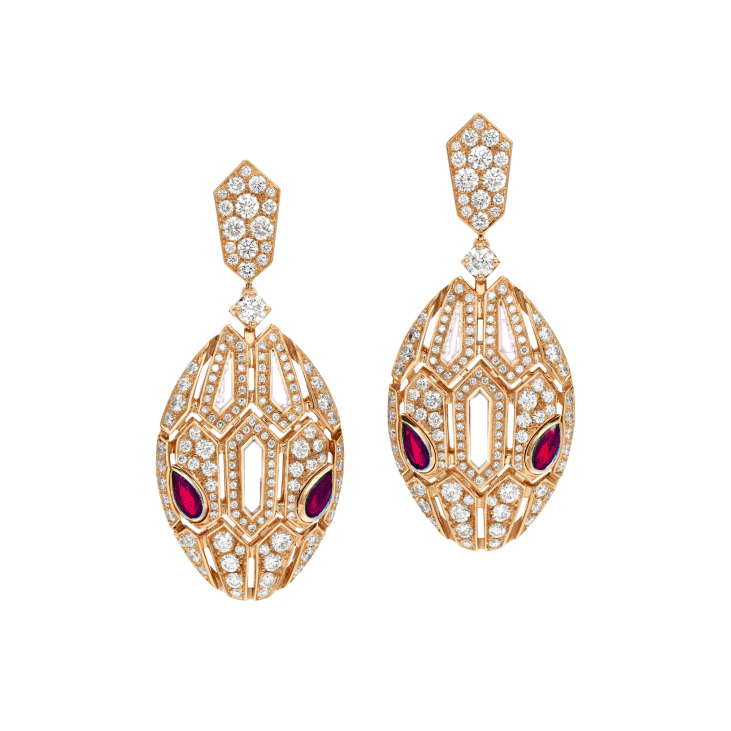 Bulgari Serpenti 18 kt rose gold earrings set with pavé diamonds and rubellite eyes earrings 1