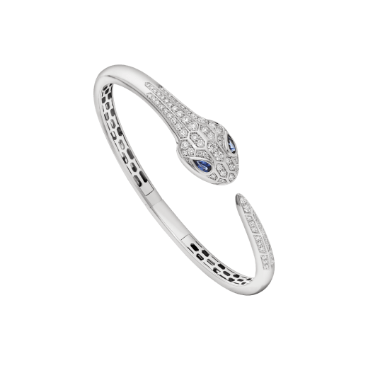 Bulgari Serpenti 354098 bangle bracelet in 18 kt white gold set with blue sapphire eyes and pavé diamonds 1
