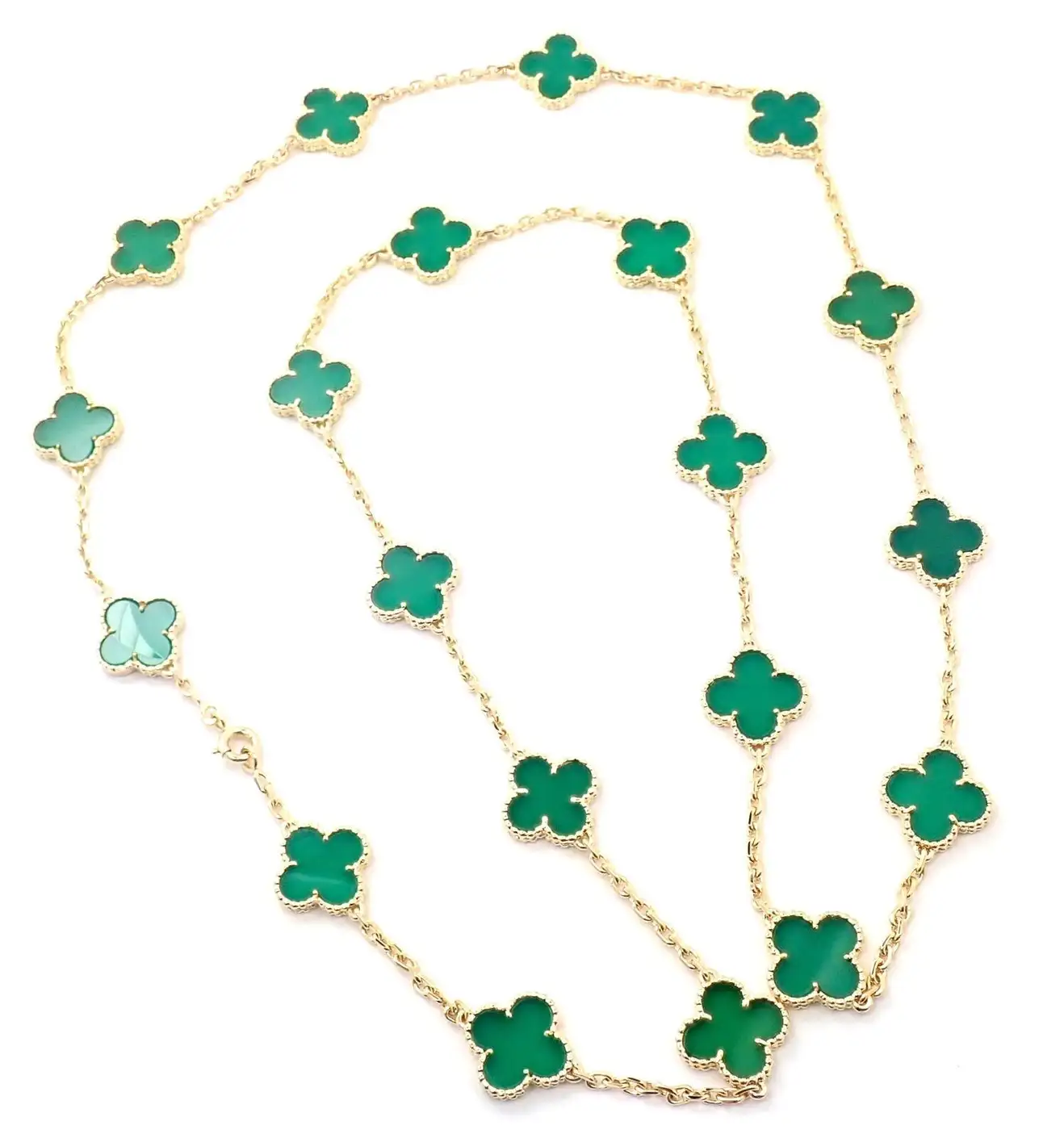 Van Cleef & Arpels necklace Vintage Alhambra long necklace 20 motifs Green Chalcedony necklace 7