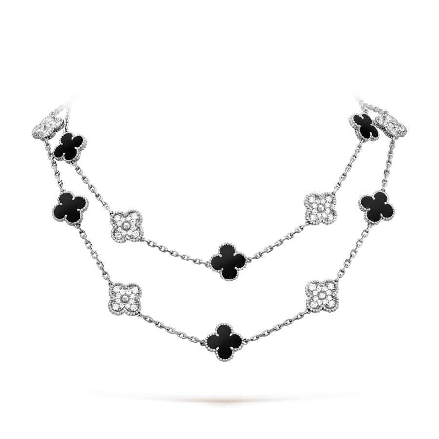 Van Cleef & Arpels VCARP2R800 Vintage Alhambra long necklace 20 motifs White gold Diamond Onyx necklace 1