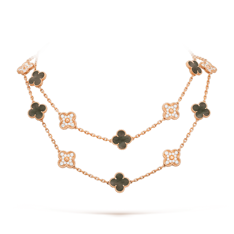 Van Cleef & Arpels Vintage VCARP2R000 Alhambra long necklace 20 motifs Rose gold Diamond Mother-of-pearl necklace1