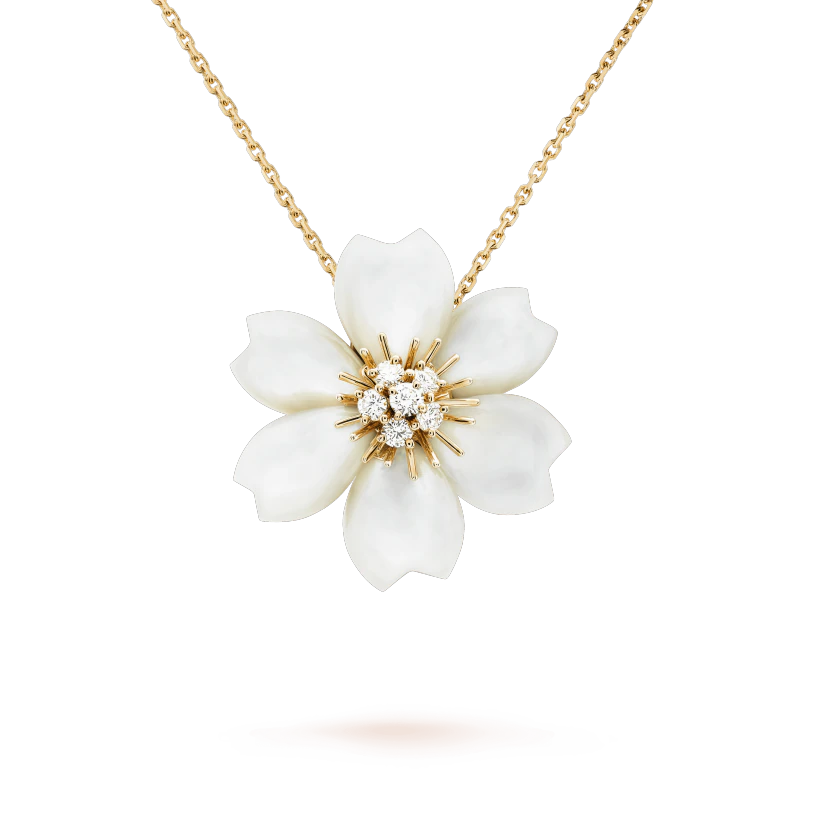Van Cleef & Arpels VCARD30300 Rose de Noël clip pendant small model Yellow gold Diamond Mother-of-pearl Necklace 1