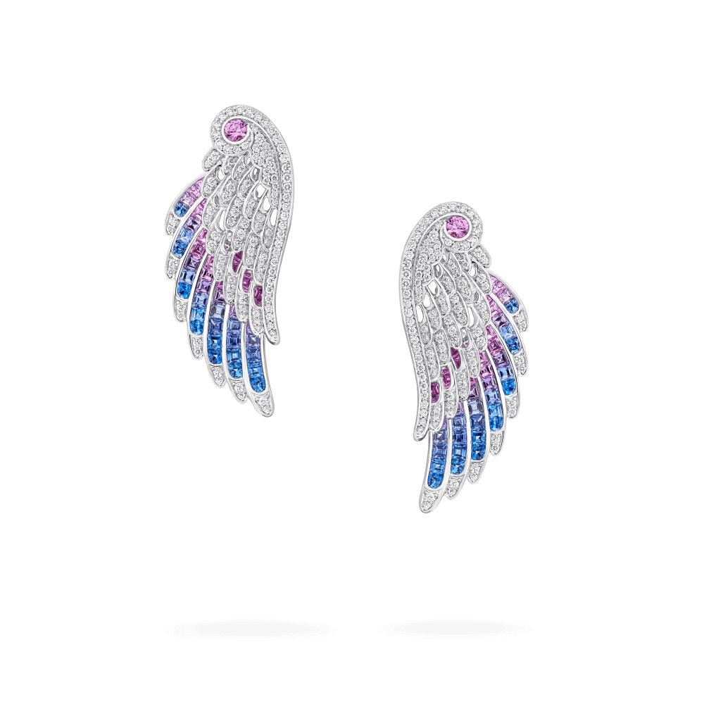 Garrard Wings Embrace Bird Of Paradise Drop Earrings In 18ct White Gold With Diamonds And Sapphires 18