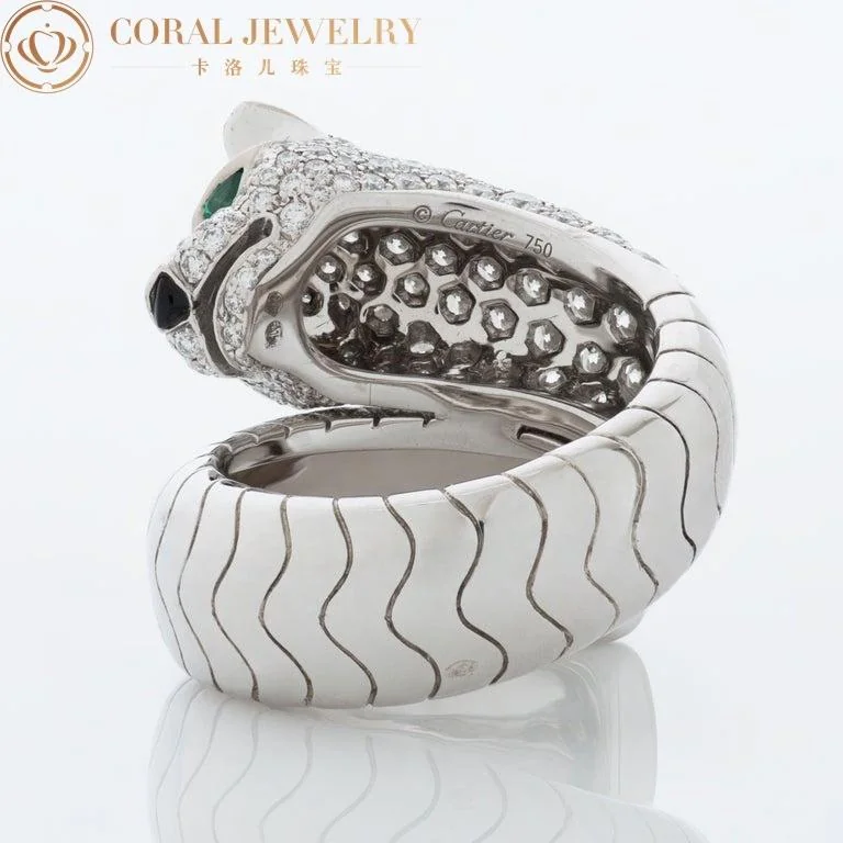 Cartier Panthère De Cartier, Pave Diamond, Emerald and Onyx Bypass Ring in 18k White Gold N4224100 4