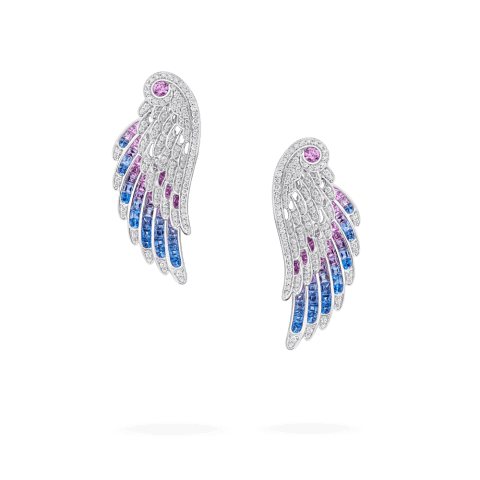 Garrard Wings Embrace Bird Of Paradise Drop Earrings In 18ct White Gold With Diamonds And Sapphires 18