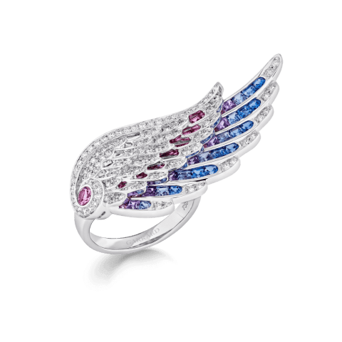 Garrard Wings Embrace Bird Of Paradise Ring In 18ct White Gold With Diamonds And Sapphires 118