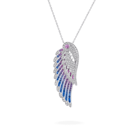 Garrard Wings Embrace Bird Of Paradise Slider Pendant In 18ct White Gold With Diamonds And Sapphires 29
