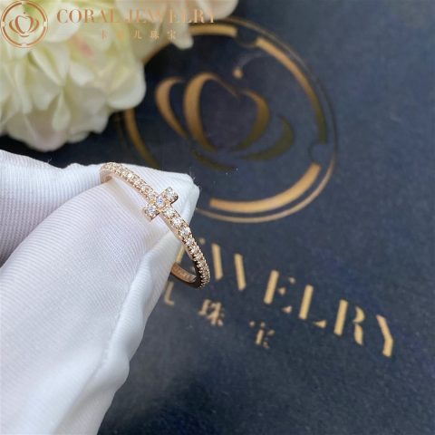Tiffany T Diamond Wire Band Ring In 18k Rose Gold Coral 15