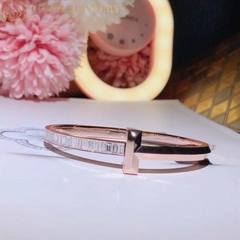 Tiffany T T1 Wide Hinged Bangle In 18k Rose Gold With Baguette Diamonds Coral 18