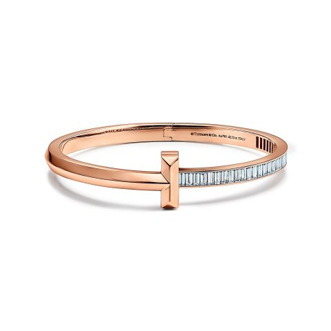 Tiffany T T1 Wide Hinged Bangle In 18k Rose Gold With Baguette Diamonds Coral 78