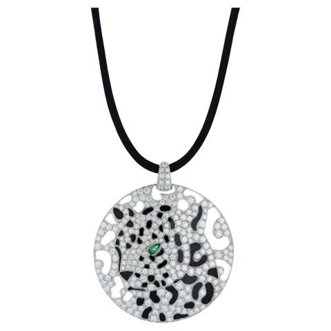Cartier N3014410 Panthère De Cartier Necklace Diamond and Enamel Panther Openwork Disc Pendant on Black Cord Necklace 1