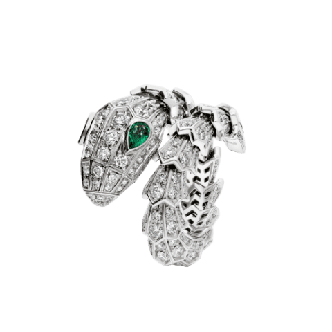 Bulgari Serpenti 354697 18 kt white gold ring set with pavé diamonds and two emerald eyes 1