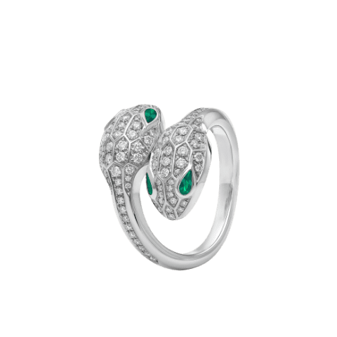 Bulgari Serpenti Seduttori 358094 18 kt white gold double head ring set with emerald eyes and pavé diamonds 1