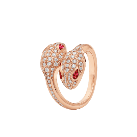 Bulgari Serpenti 358090 Seduttori 18 kt rose gold double head ring set with rubellite eyes and pavé diamonds 1