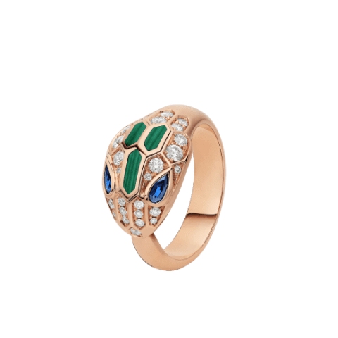 Bulgari Serpenti 356207 18 kt rose gold ring set with blue sapphire eyes malachite elements and pavé diamonds 1