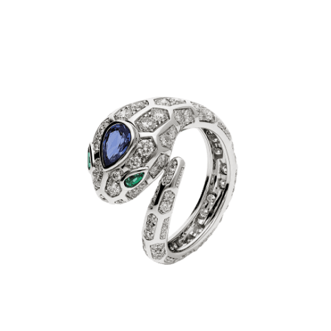 Bulgari Serpenti 355348 18 kt white gold ring set with a blue sapphire on the head emerald eyes and pavé diamonds 1