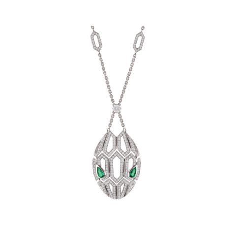 Bulgari Serpenti 352752 necklace in 18 kt white gold set with emerald eyes and pavé diamonds 1