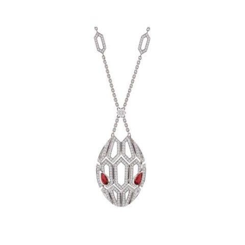 Bulgari Serpenti 352752-rubellite necklace in 18 kt white gold set with rubellite eyes and pavé diamonds both on the chain and the pendant 1