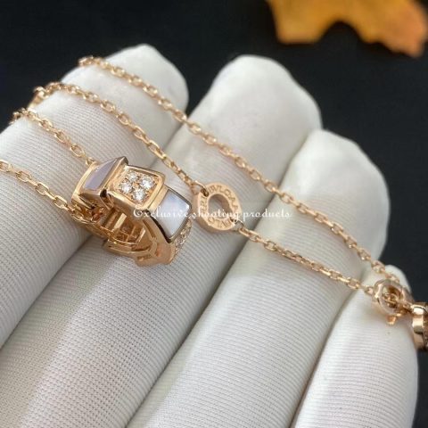 Bulgari Serpenti 357095 Viper 18 kt rose gold necklace set with mother-of-pearl elements and pavé diamonds on the pendant 8