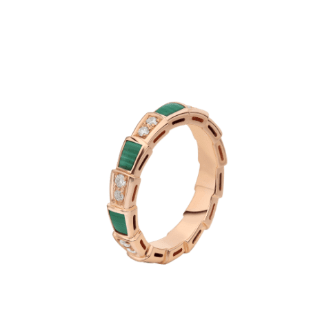 Bulgari Serpenti Viper 356758 18 kt rose gold thin ring set with malachite elements and pavé diamonds 1