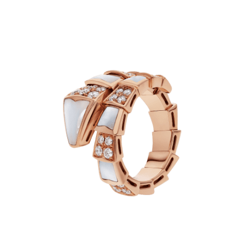 Bulgari Serpenti 350668 Viper one-coil ring in 18 kt rose gold set with mother-of-pearl elements and pavé diamonds 1
