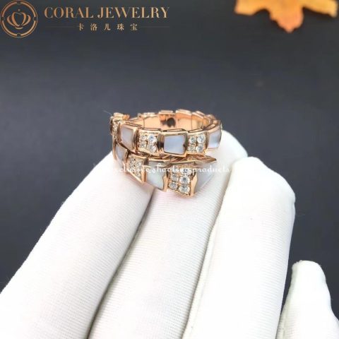 Bulgari Serpenti 350668 Viper one-coil ring in 18 kt rose gold set with mother-of-pearl elements and pavé diamonds 9