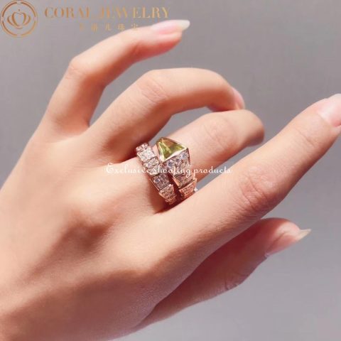 Bulgari AN856157 Serpenti Viper one-coil ring in 18 kt rose gold set with peridot elements and pavé diamonds 8