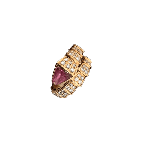 Bulgari 347594-RG Serpenti Viper ring in 18 kt rose gold set with full pavé diamonds and a rubellite on the head 1