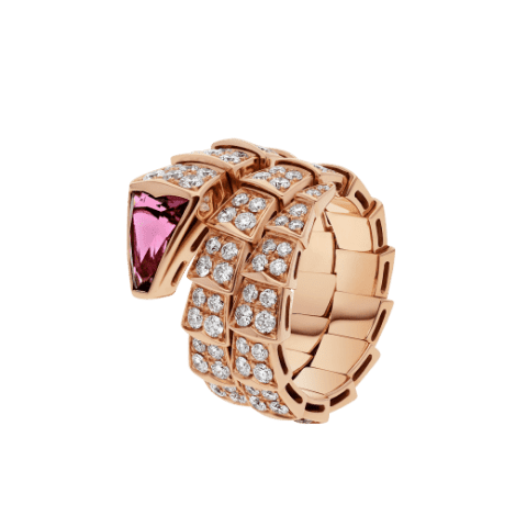 Bulgari Serpenti 347594 Viper two-coil ring in 18 kt rose gold set with full pavé diamonds and a rubellite on the head 1