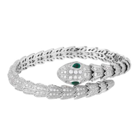 Bulgari Serpenti Diamond Snake Bangle Bracelet with Emerald Eyes in 18kw Gold Bracelet 1