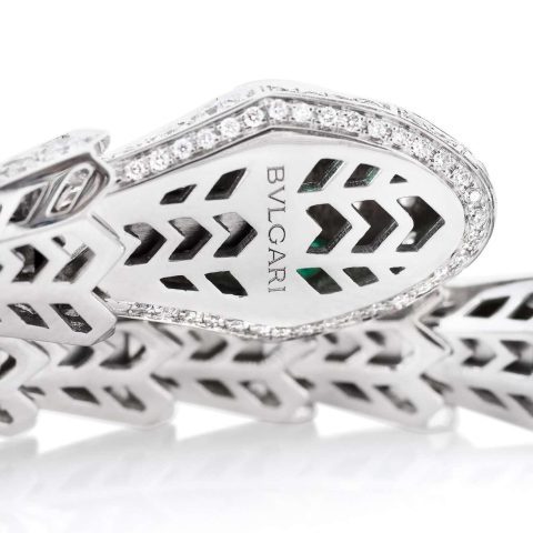 Bulgari Serpenti Diamond Snake Bangle Bracelet with Emerald Eyes in 18kw Gold Bracelet 11