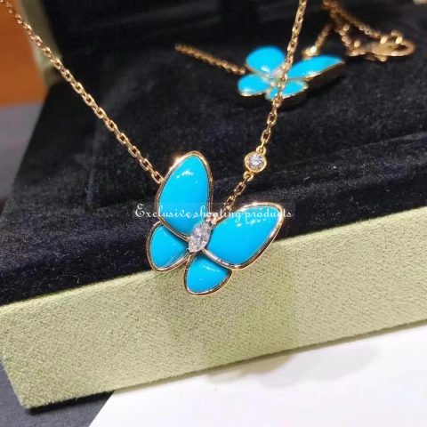 Van Cleef & Arpels VCARP7UP00 Two Butterfly pendant Yellow gold Diamond Turquoise Necklace 18
