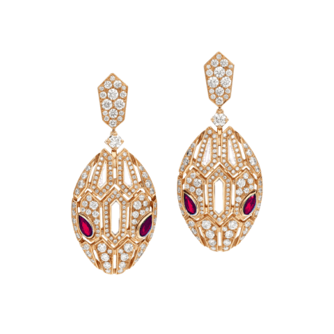 Bulgari Serpenti 18 kt rose gold earrings set with pavé diamonds and rubellite eyes earrings 1