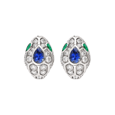 Bulgari Serpenti 355355 18 kt white gold earrings set with a blue sapphire on the head emerald eyes and pavé diamonds 1
