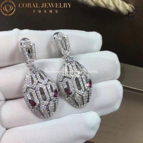 Bulgari 352756-Rubellites Serpenti 18 kt white gold earrings set with pavé diamonds and rubellite eyes 7