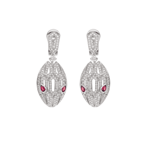 Bulgari 352756-Rubellites Serpenti 18 kt white gold earrings set with pavé diamonds and rubellite eyes 1