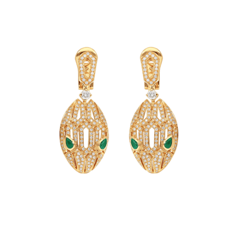 Bulgari Serpenti 354576 18 kt yellow gold earrings set with pavé diamonds and malachite eyes 1