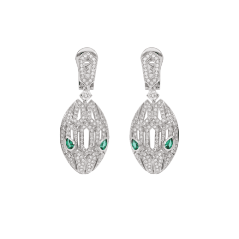Bulgari Serpenti 352756 earrings in 18 kt white gold set with emerald eyes and full pavé diamonds 1