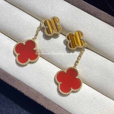 Van Cleef & Arpels VCARN5JR00 Magic Alhambra earrings 2 motifs Yellow gold Carnelian Tiger Eye earrings 12