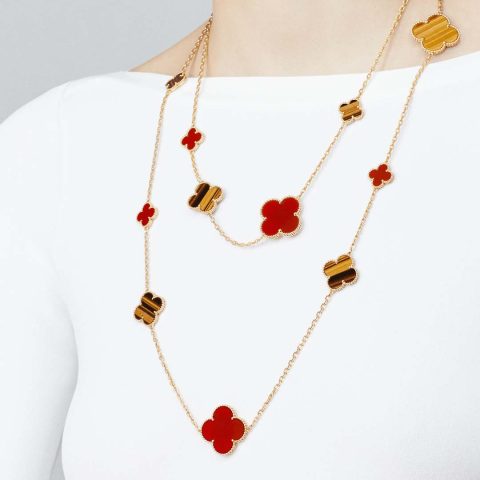 Van Cleef & Arpels VCARN5JO00 Magic Alhambra long necklace 16 motifs Yellow gold Carnelian Tiger Eye necklace 6