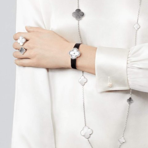 Van Cleef & Arpels VCARN19000 Magic Alhambra long necklace 16 motifs White gold Chalcedony Mother-of-pearl necklace 7